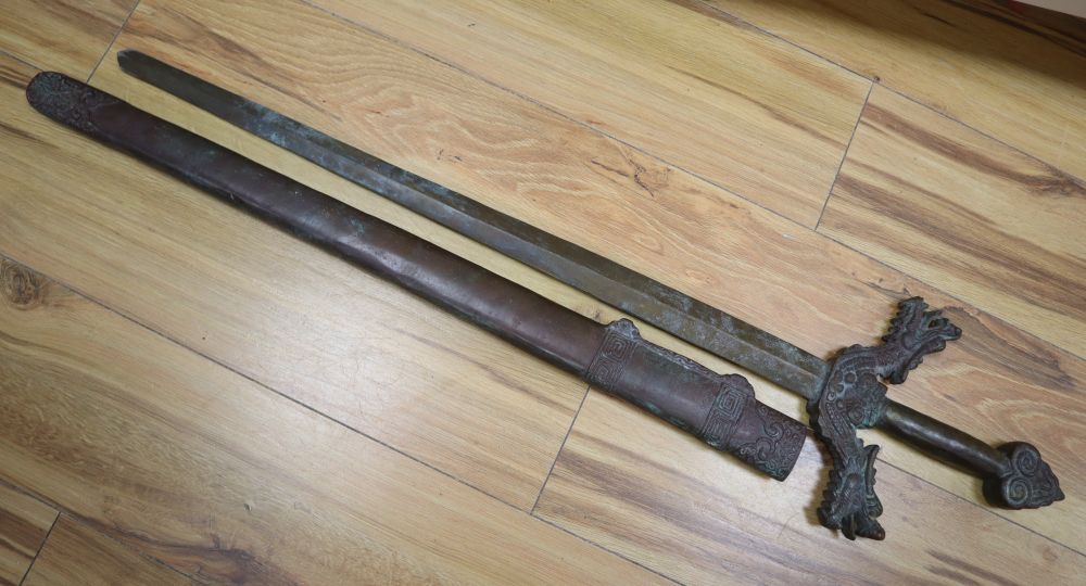 A Chinese bronze model of a sword, length 93cm